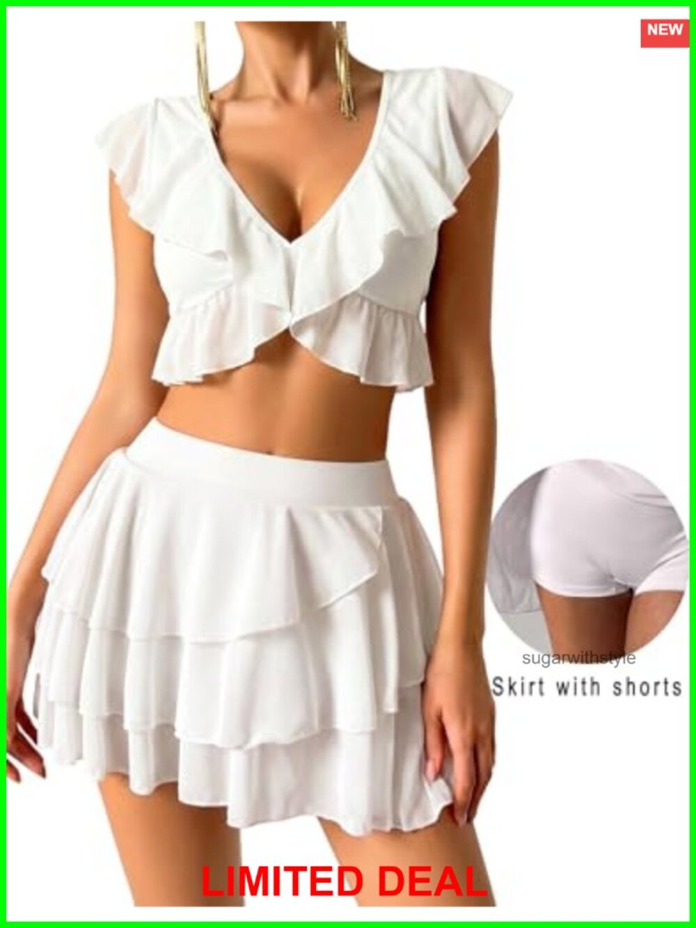 Layered Mesh Mini Skort Ruffle Hem Built-in Shorts High Rise - Picture 3 of 6